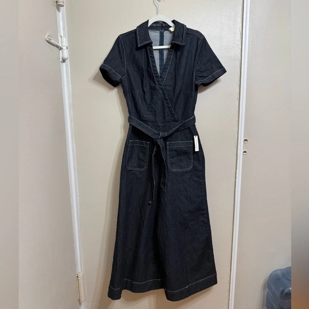 Maeve Black Wide-Leg Wrap Jumpsuit with Contrast Stitching